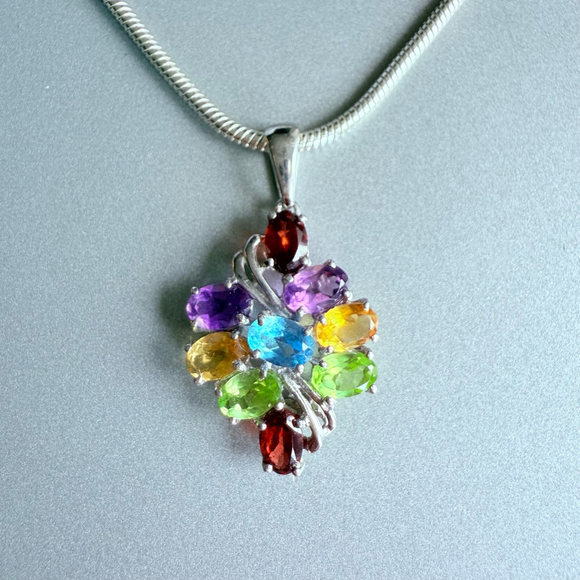 Multi Color Natural Gemstones Cluster Confetti Sterling Silver Pendant N… - Picture 1 of 7